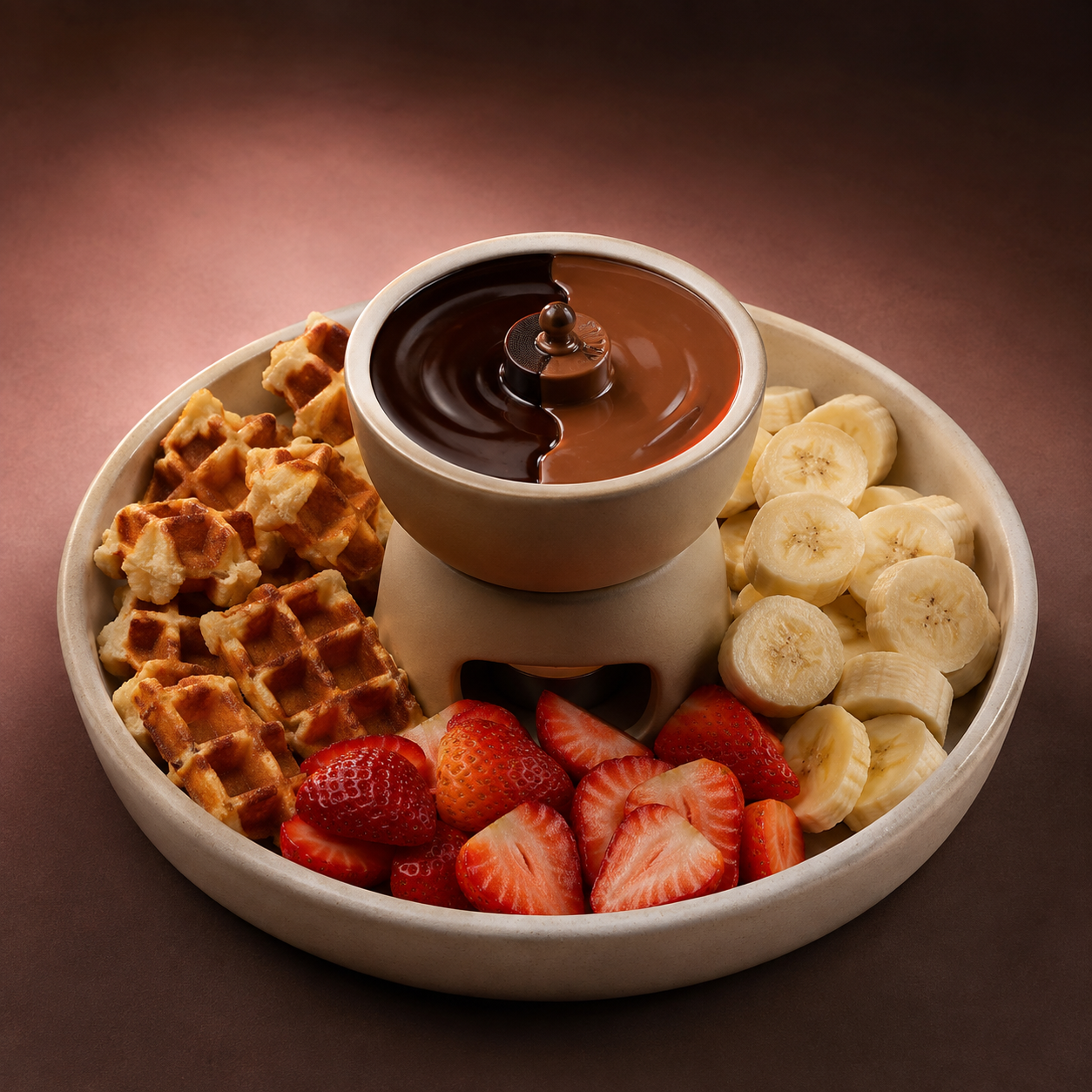 Waffle lokmaları, çilek ve muzla servis edilen Su'Em çikolata fondü