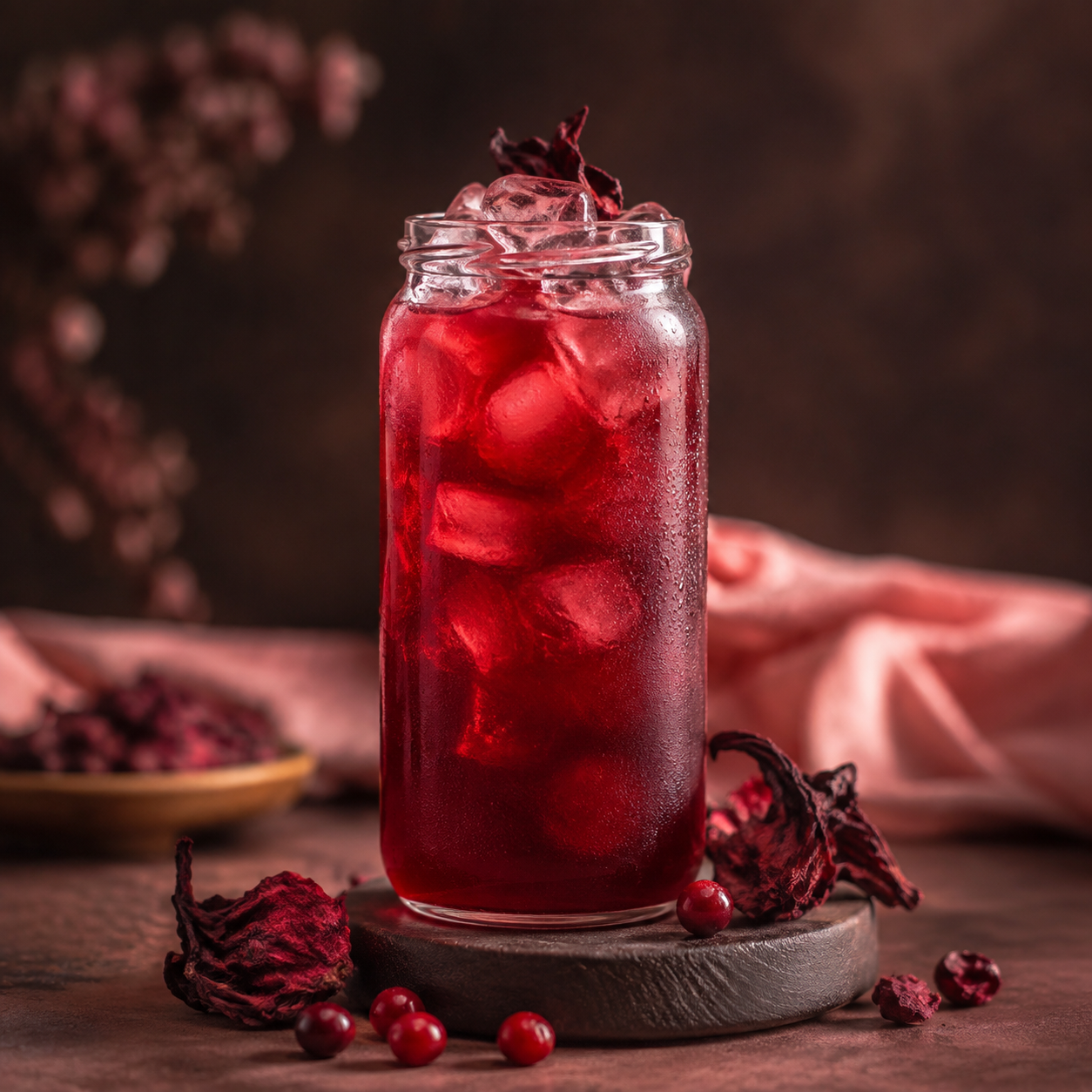Buzla servis edilen yakut kırmızısı hibiscus içeceği