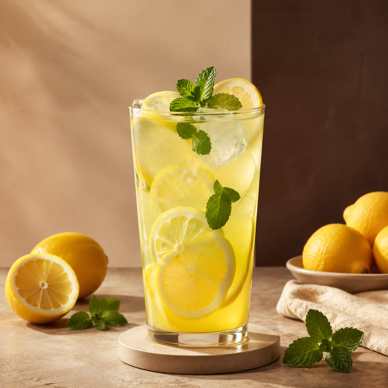 Limon dilimleri ve nane ile servis edilen taze limonata