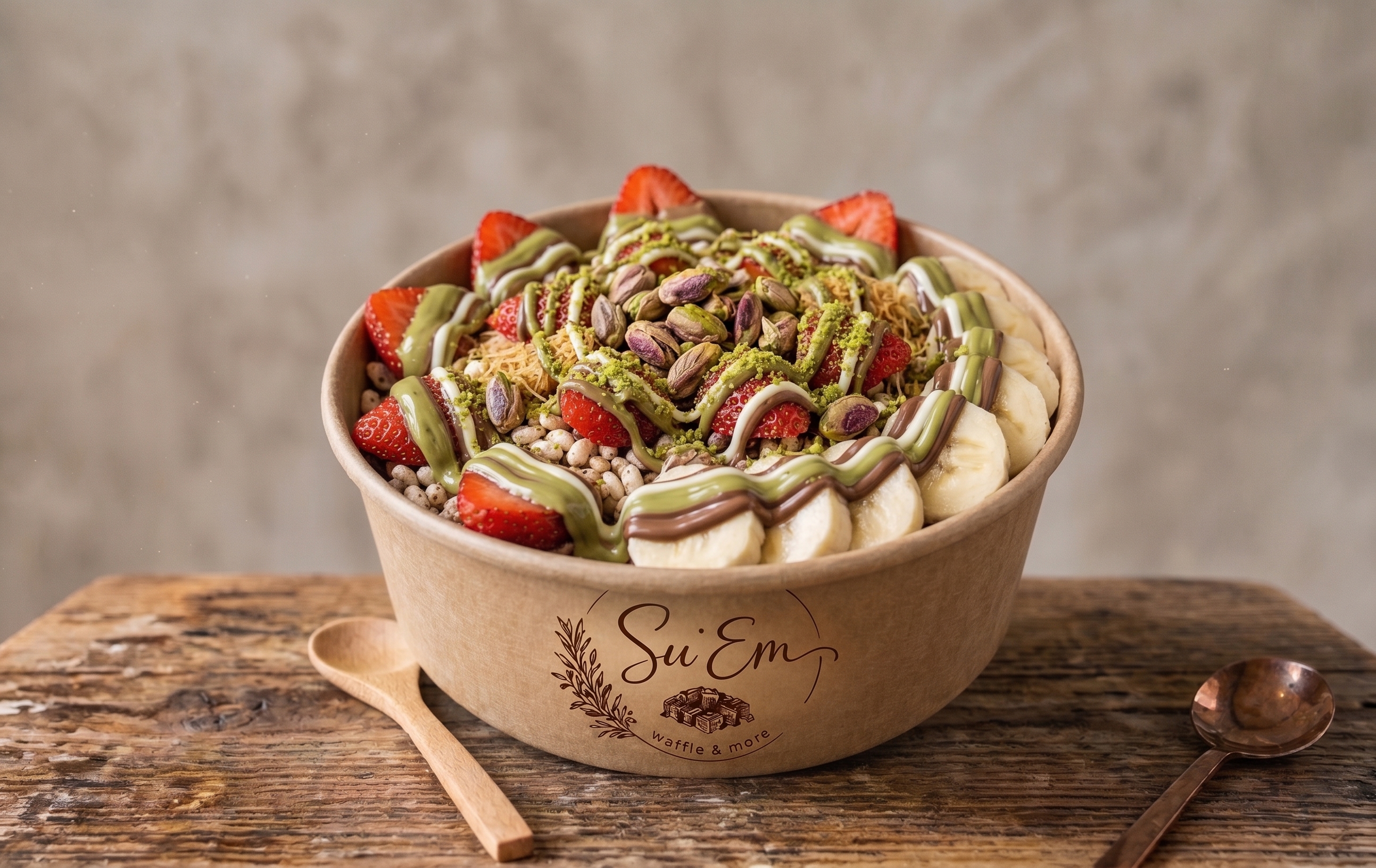 Antep fıstığı, kadayıf, çilek ve muz ile Pistachio Crush Bowl