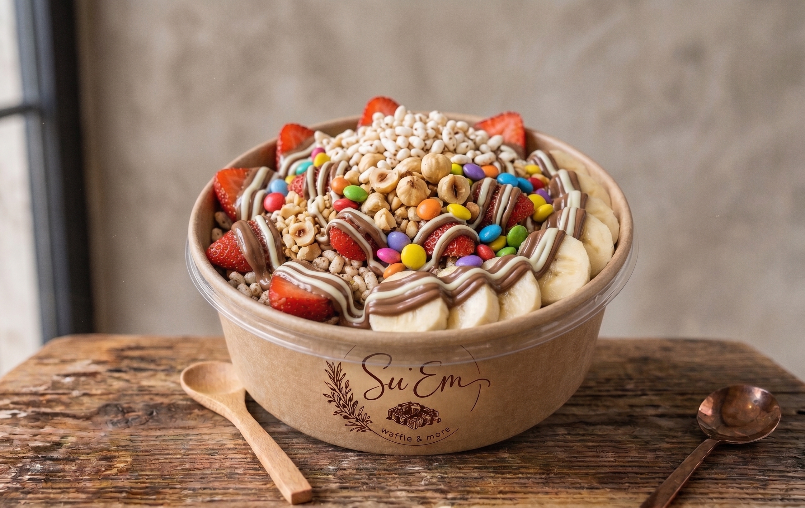 Çilek, muz, çikolata ve fındık ile Su'Em Klasik Bowl