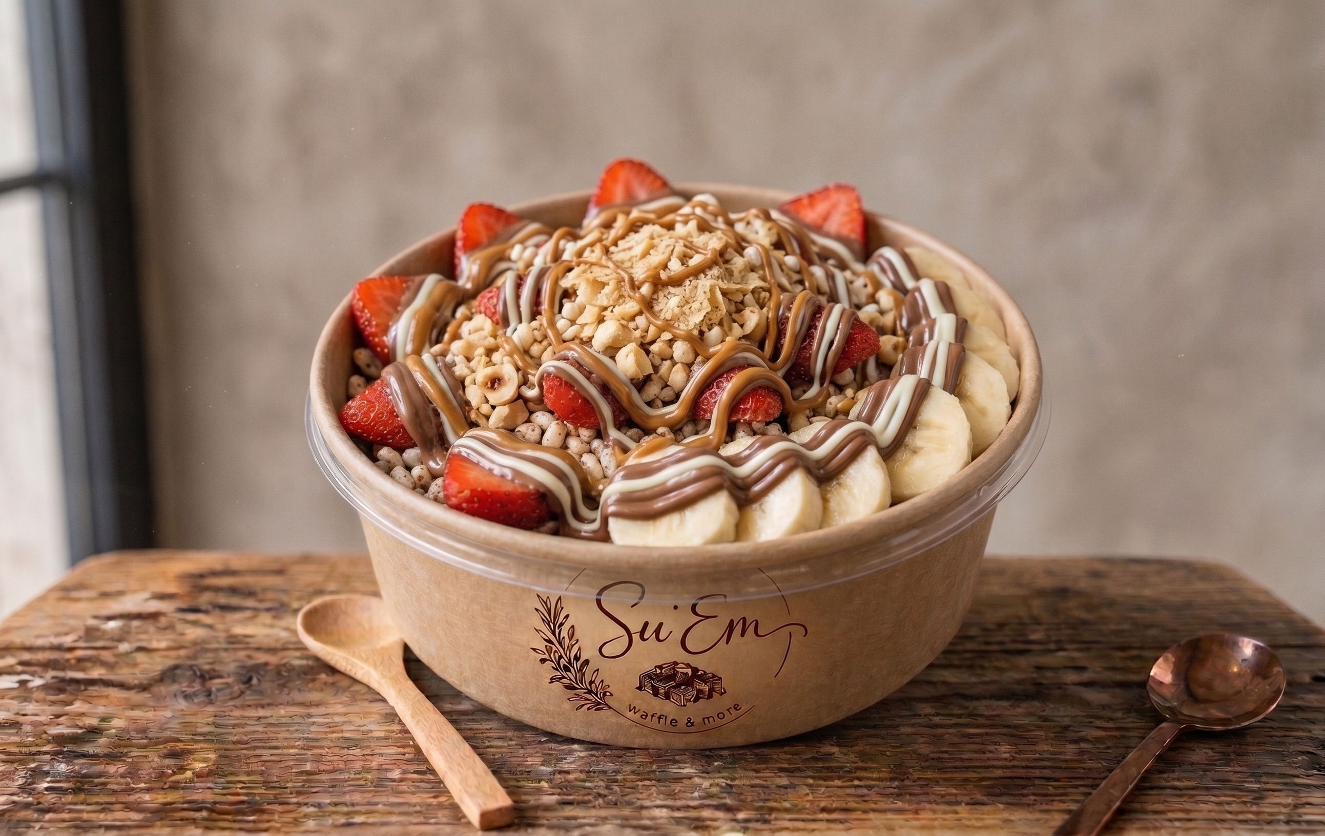 Lotus, çilek, muz ve çikolata ile Su'Em Waffle Bowl
